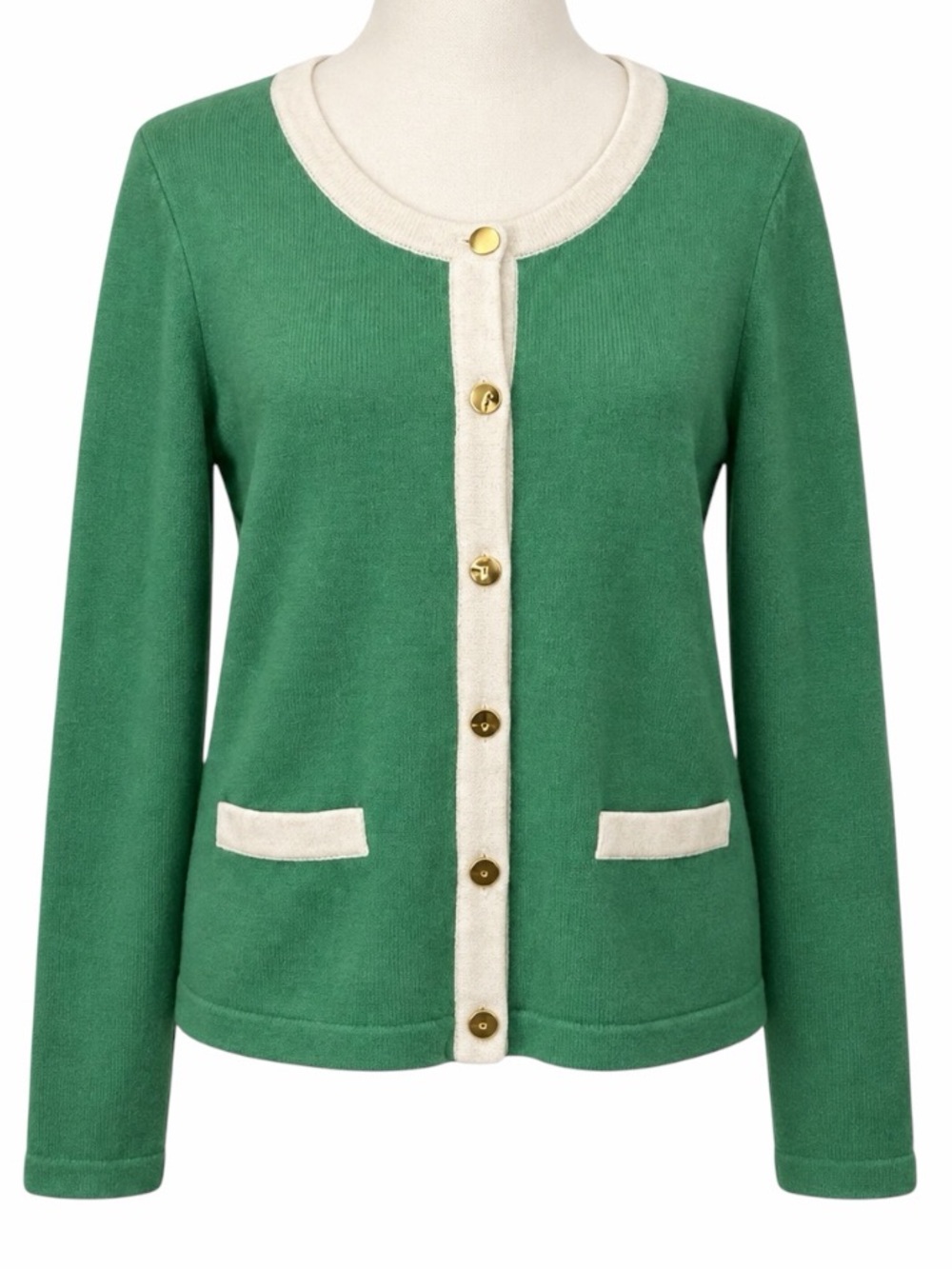 H&M Green & White Trim Sweater Cardigan w/ Gold Buttons size women's small S